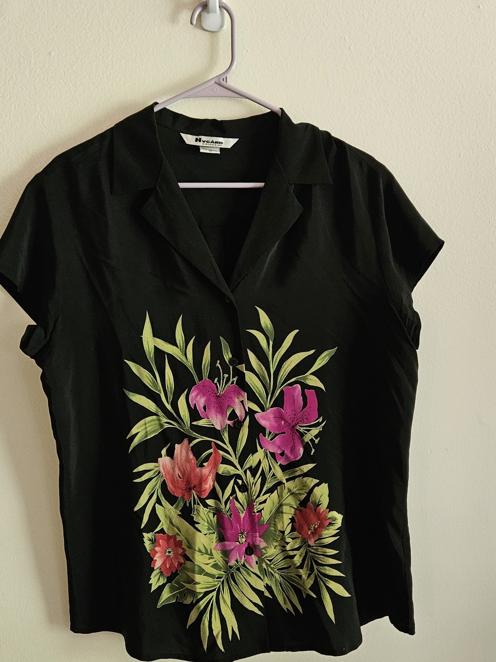 Silk, Black Floral  Women's Blouse. Summer Vacation, Natural Materials, Teacher